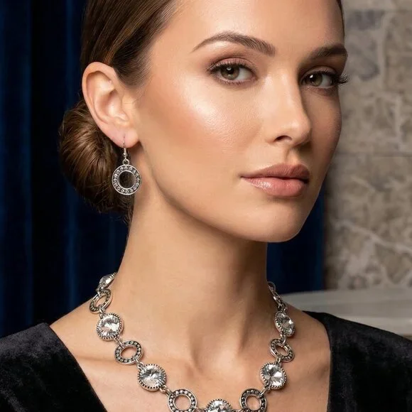 Silver Rhinestone Necklace & Earring Set - Picture 1 of 4